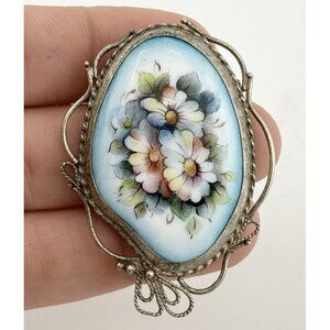 Vintage porcelain floral art brooch pin